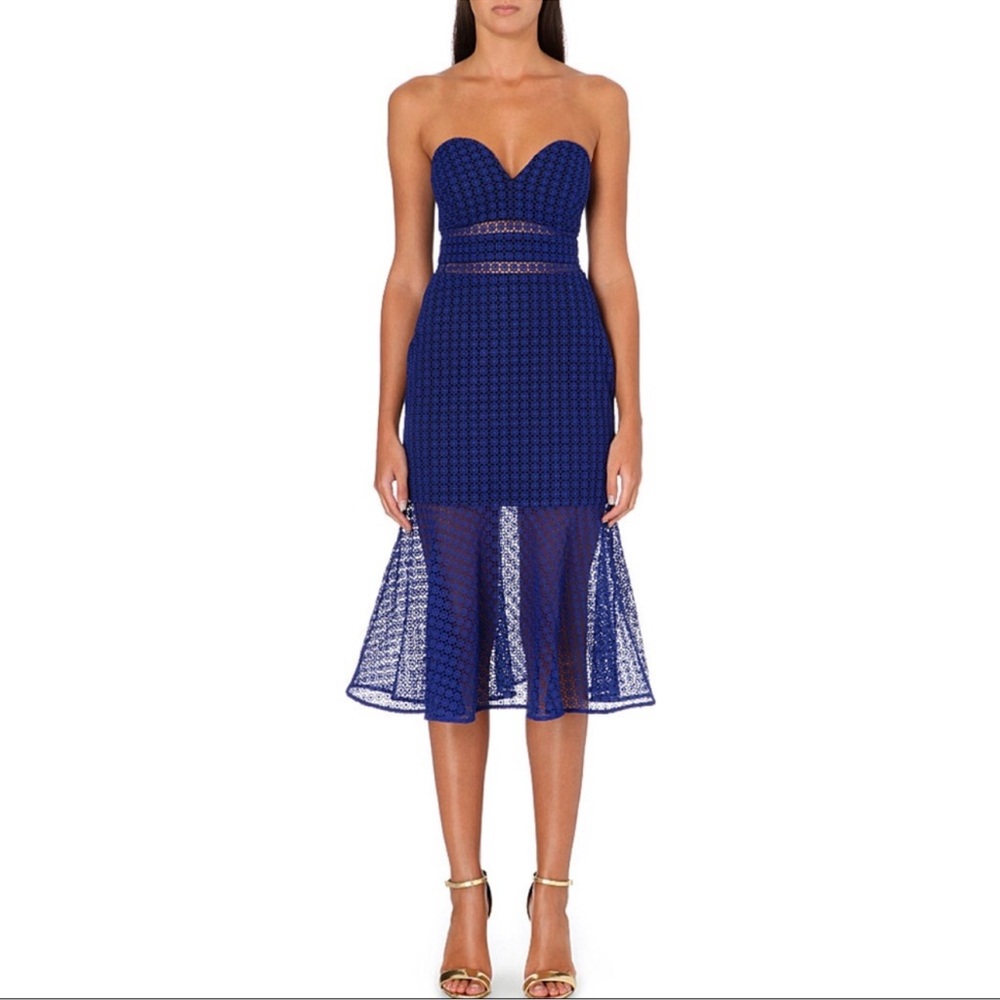 Self-Portrait Strapless Lace Overlay Illusion Dress Blue Size 0 NEW with Tag